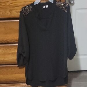 Cato Black Blouse with Gold Beaded Shoulder Detail